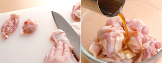 鶏肉は一口大より少し大きめのそぎ切りにする。ボウルに入れ、めんつゆを加えてもみ込み、下味をつける。ねぎは長さ３～４センチに切る。しし唐辛子はへたを少し切り落とし、つま楊枝などで１本につき、１～２カ所穴をあける（そのまま揚げると、破裂する場合があるので、穴を数ヶ所あけておく）。