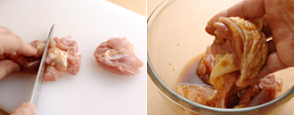 鶏肉は大きめの一口大に切ってボウルに入れる。にんにく、しょうゆ、酒を加えてよくもみ込み、下味をつける。