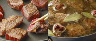 顆粒スープの素を湯で溶かし、スープをつくる。牛肉に塩、粗引き黒こしょうをふる。大きめのフライパン（または鍋）を中火で熱し、油をひかずに牛肉を入れて全体をさっと焼きつけ、スープ、ローリエを加える。煮立ったらアクを取り、15分ほど煮る。