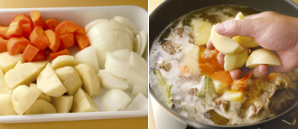 じゃがいもは皮をむいて大きめの乱切りにし、水で洗う。にんじんは皮をむいて厚さ1.5センチの半月切りにする。玉ねぎは一口大に切る。フライパンにじゃがいも、にんじんを加え、ふたをして弱めの中火でさらに30分、野菜が柔らかくなるまで煮る。