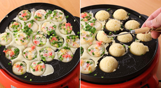 たこ焼き器を温め、サラダ油を薄く塗る。生地を流し入れ、たこ、紅しょうが、天かす、万能ねぎを入れる。端が焼けてきたらひっくり返し、全体がこんがりするまで焼く。皿に盛り、たこ焼きソースとマヨネーズをかけ、削り節、青のりをふる。
