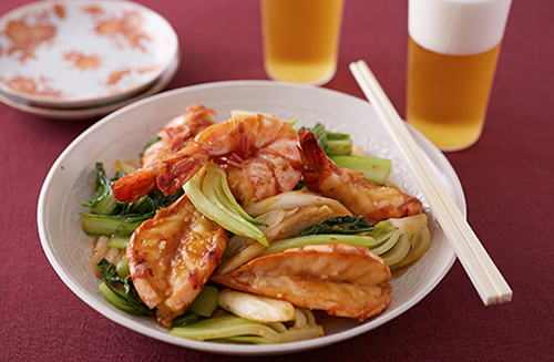 青梗菜とえびのピリ辛炒め