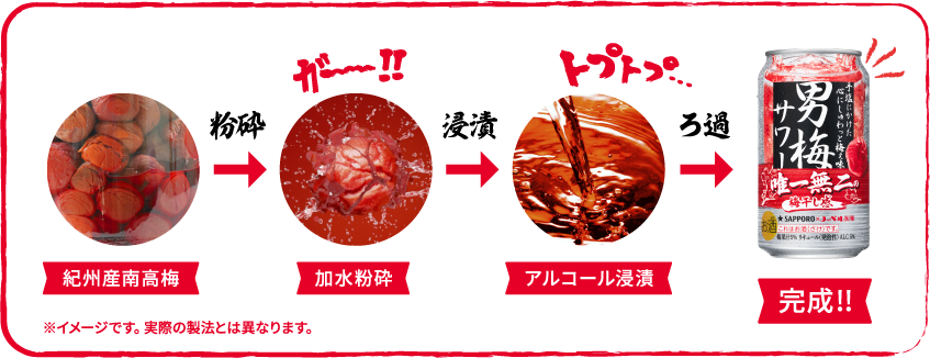 紀州産南高梅→粉砕→加水粉砕→浸漬→アルコール浸漬→ろ過→完成！※イメージです。実際の製法とは異なります。