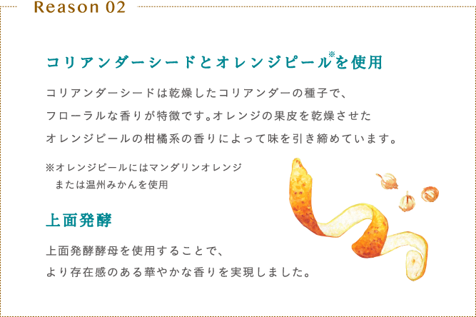 Reason 02 コリアンダーシードとオレンジピールを使用 コリアンダーシードは乾燥したコリアンダーの種子で、フローラルな香りが特徴です。オレンジの果皮を乾燥させたオレンジピールの柑橘系の香りによって味を引き締めています。 ※オレンジピールにはマンダリンオレンジまたは温州みかんを使用 上面発酵 上面発酵酵母を使用することで、より存在感のある華やかな香りを実現しました。